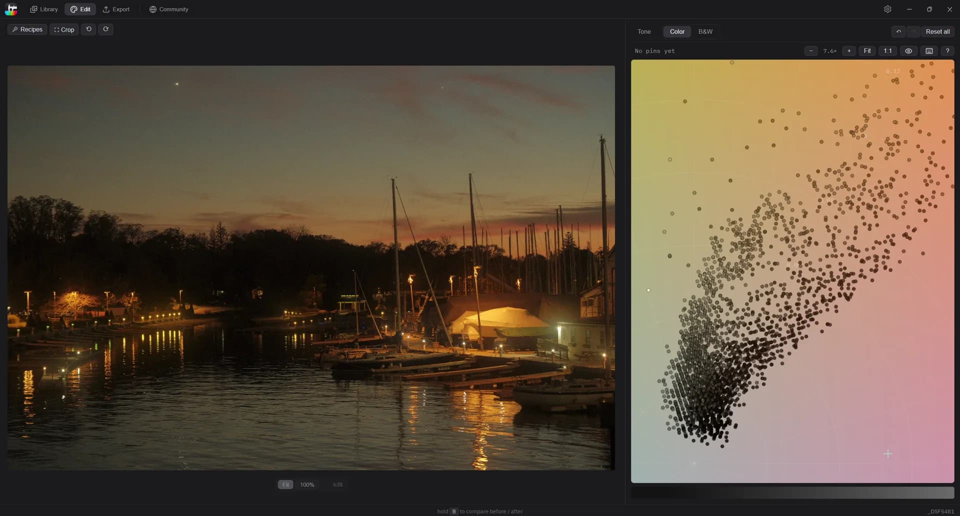Tone Caliper — editing a sunset harbor photo by its colors
